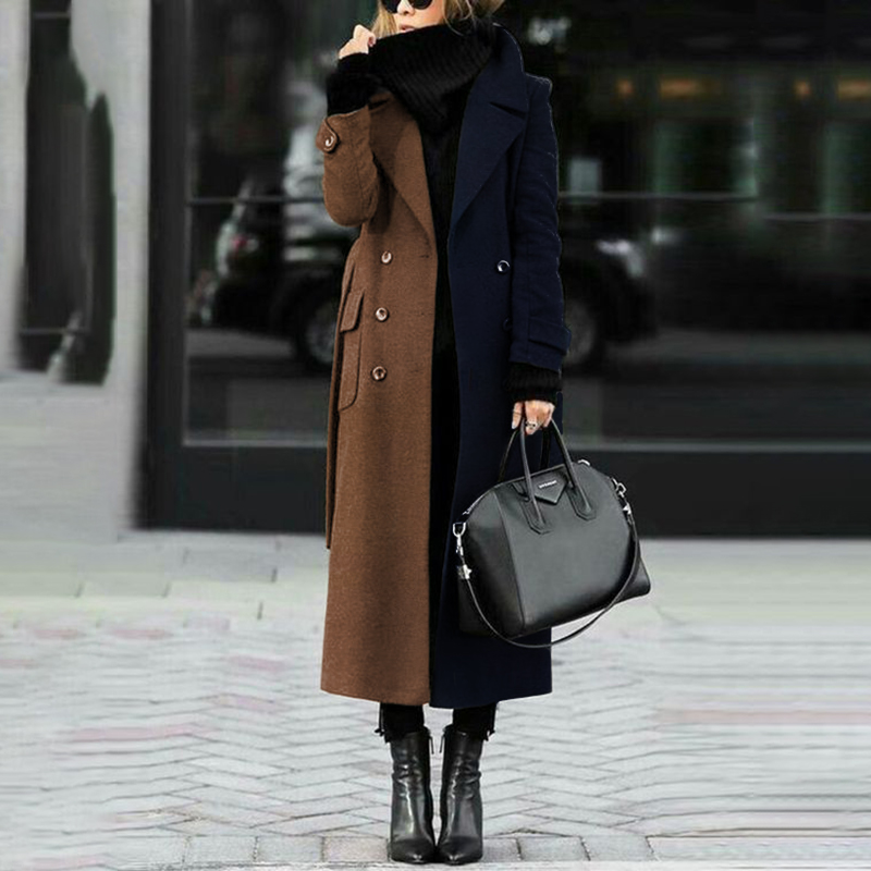 Fashion All-match Color Block Woolen Coat