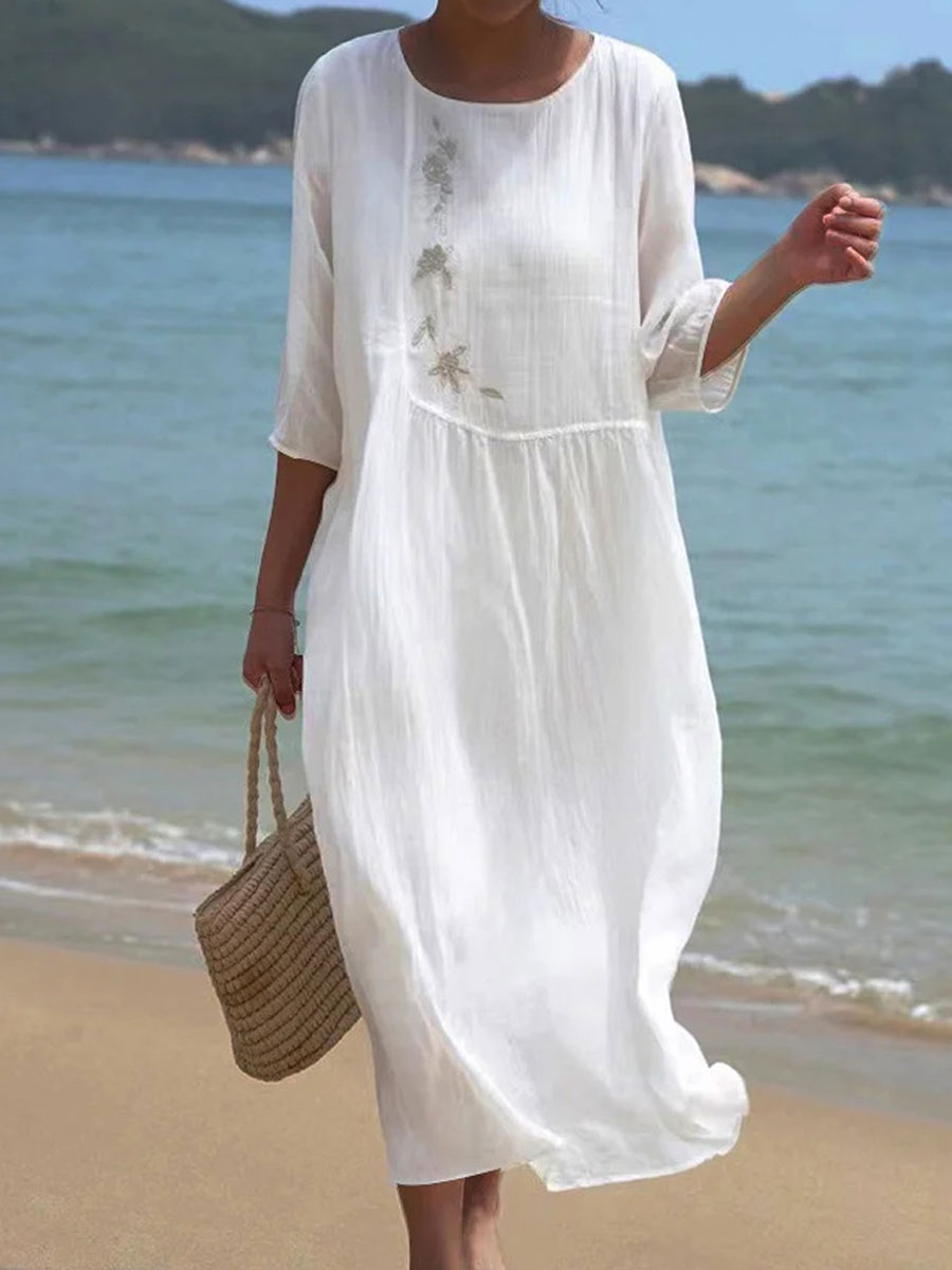 Round Neck Casual Loose Embroidered Resort Long Sleeve Midi Dress
