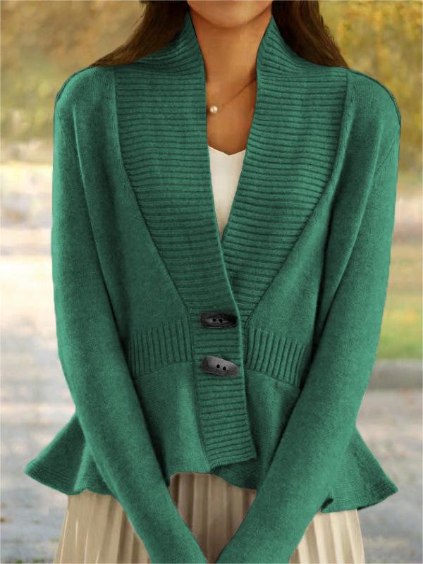 Women's Retro Knitted Cardigan V-neck Ruffled Hem Sweater Jacket