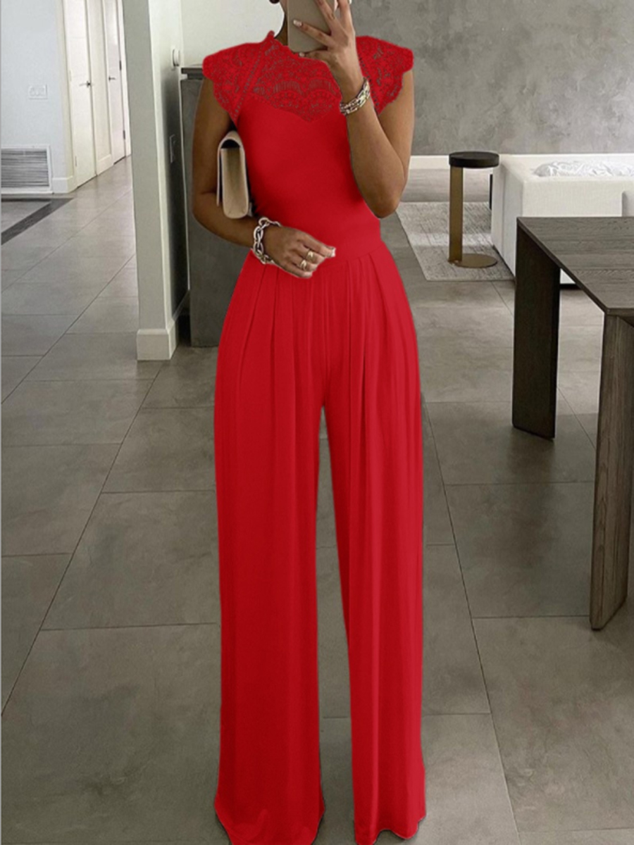 A Solid Color Jumpsuit With A Round Neck