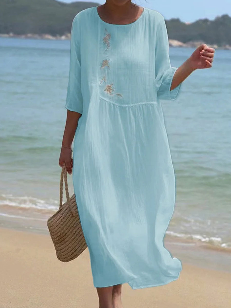 Round Neck Casual Loose Embroidered Resort Long Sleeve Midi Dress