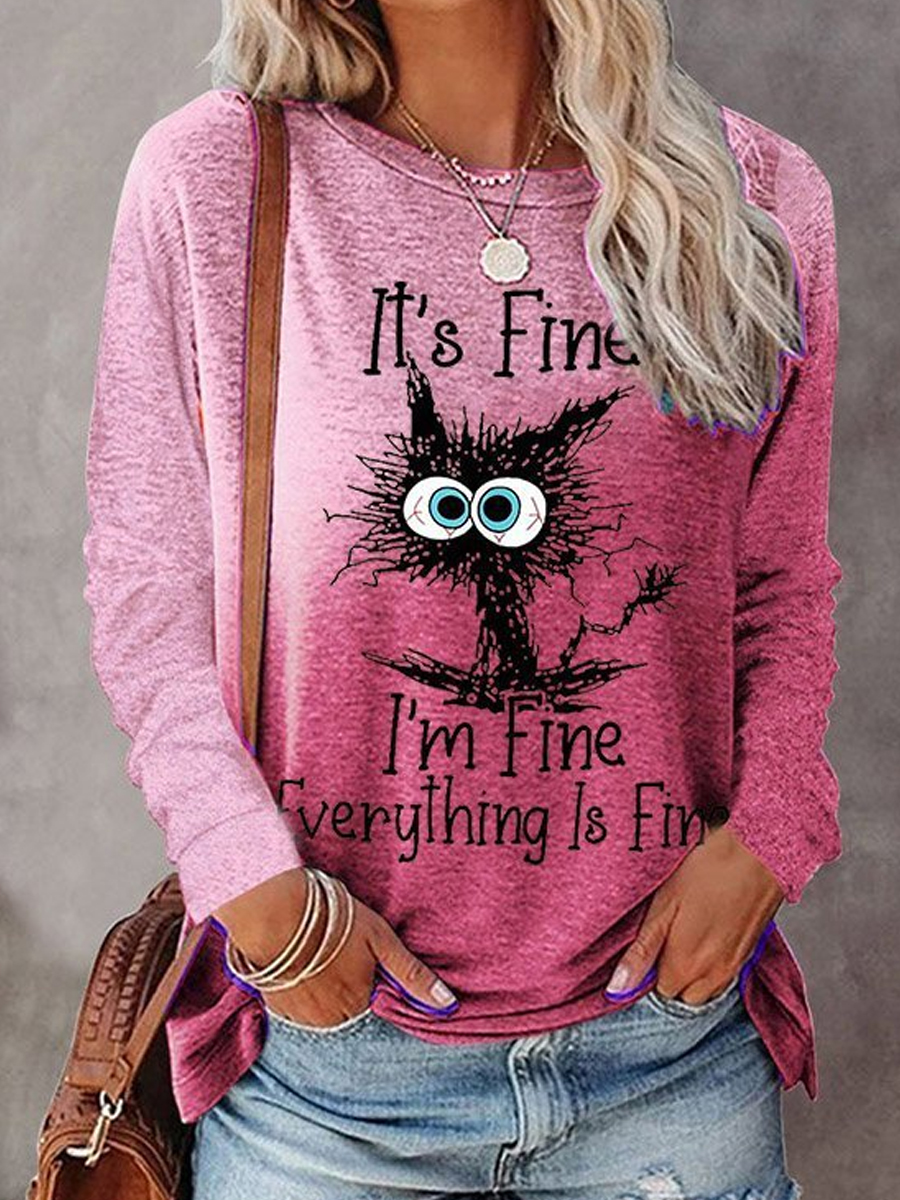 Casual Cat Print Crew Neck Long Sleeve T-Shirt