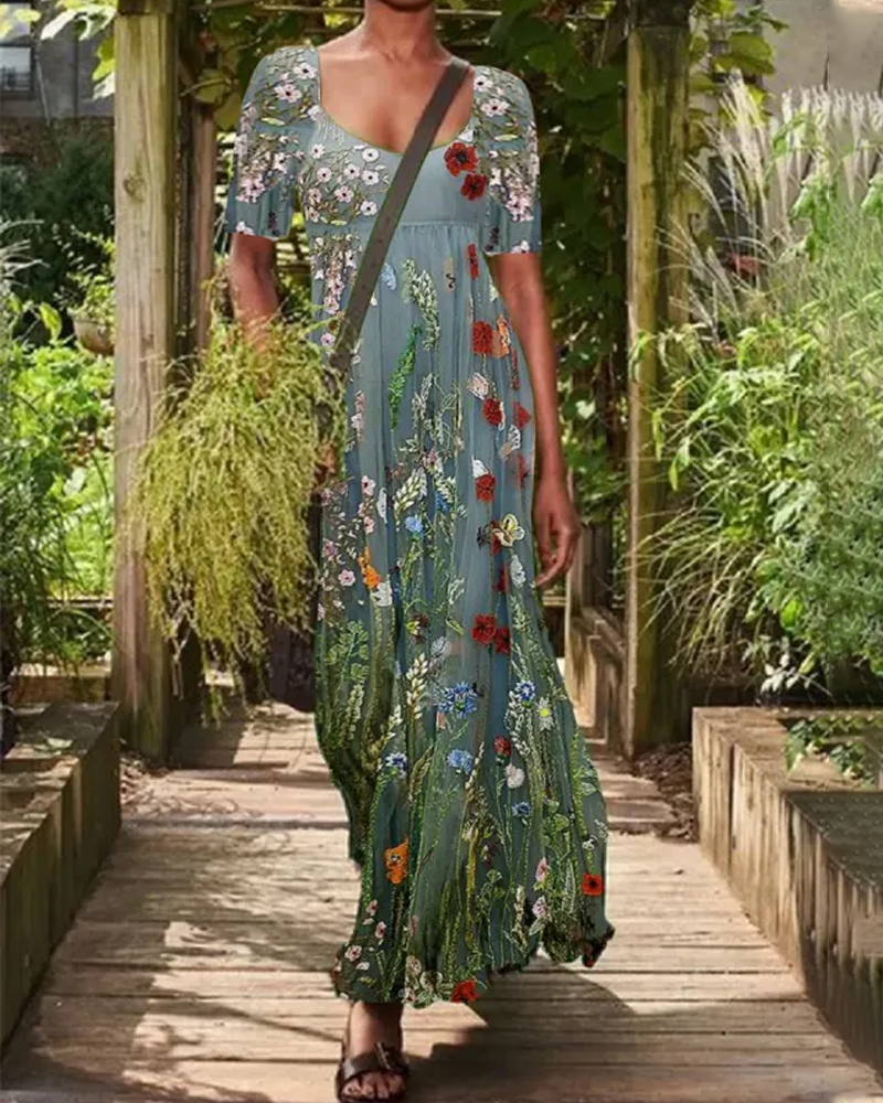 Casual Vintage Floral Print U Neck Short Sleeves Maxi Dress
