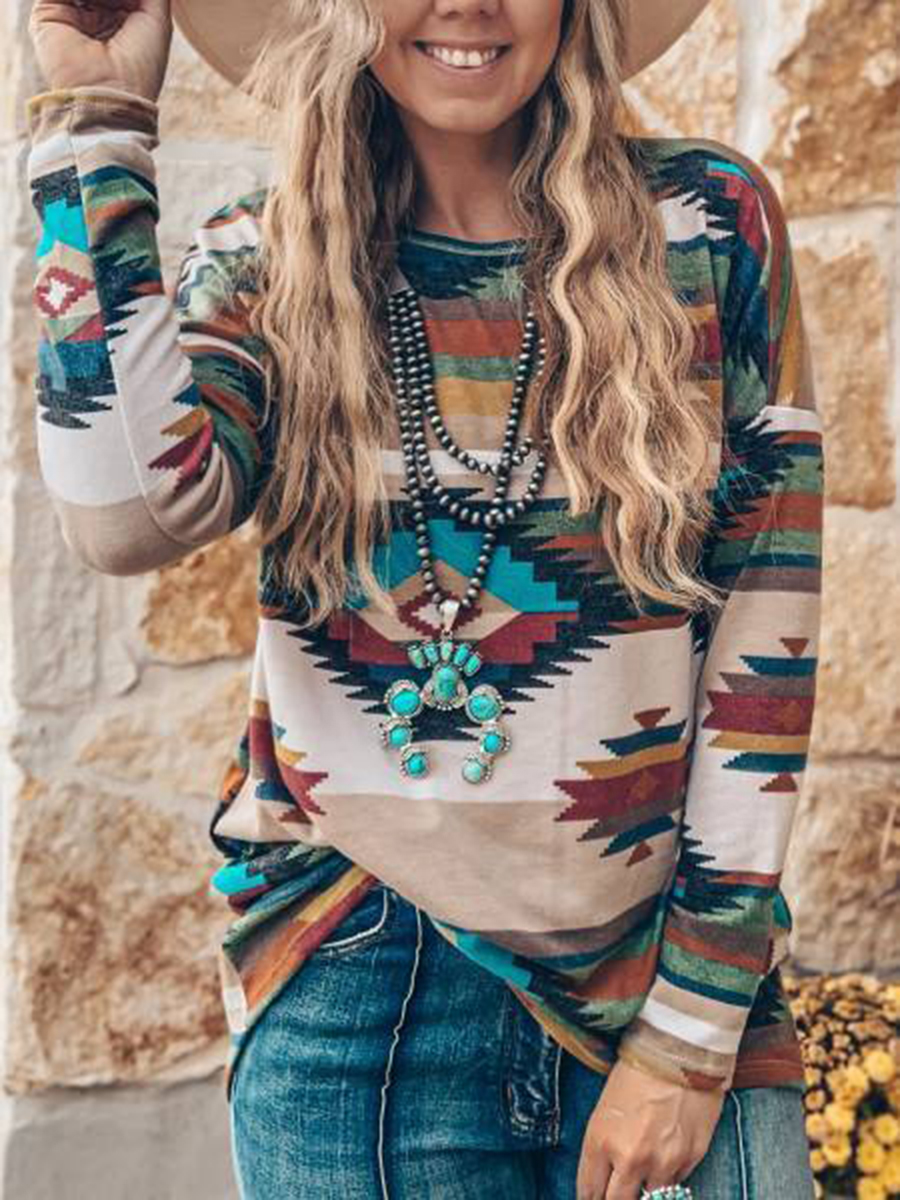 Fashion Casual Ethnic Print Round Neck Long Sleeve T-shirt
