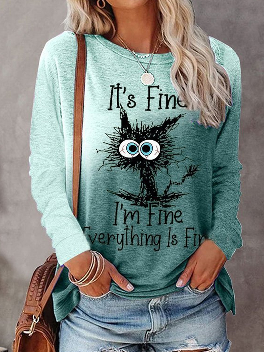 Casual Cat Print Crew Neck Long Sleeve T-Shirt