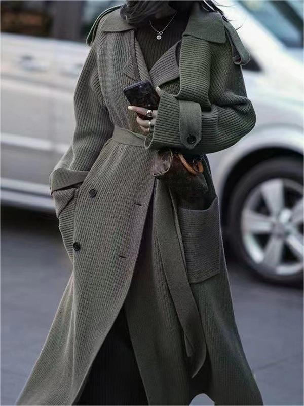 Women's Suit Collar Double-breasted Long Casual Sweater Cardigan Coat Thick Sweater