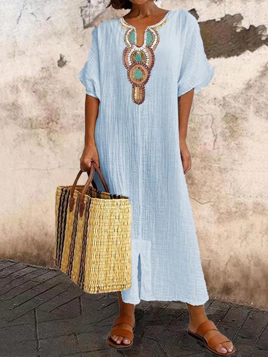 V-neck Casual Loose Retro Ethnic Print Short-sleeved Maxi Dress