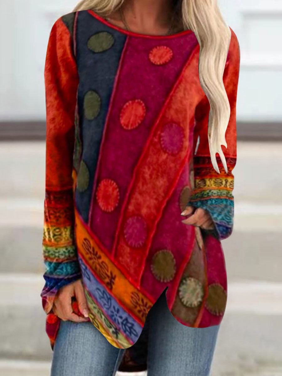 Vintage Ethnic Print Casual Long Sleeve T-shirt