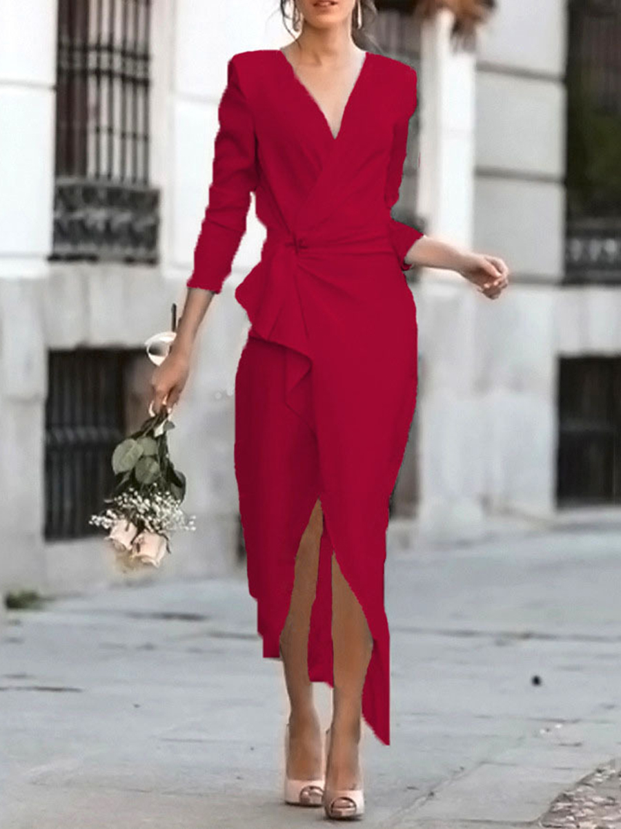 Ladies Elegant Mid Waist Fashion Solid Color Long Sleeve Dress