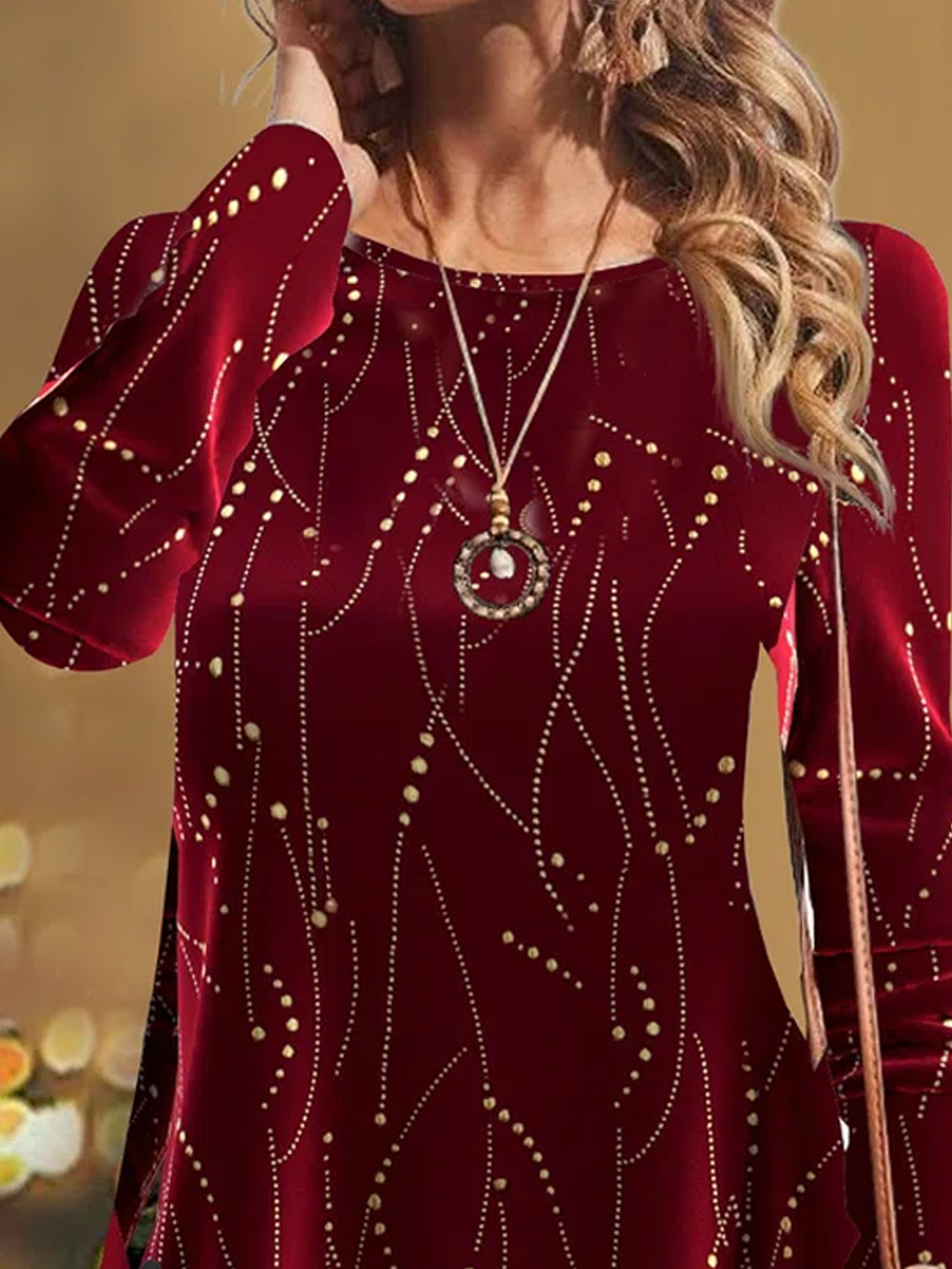 Vintage Print Velvet Crew Neck Long Sleeve T-Shirt