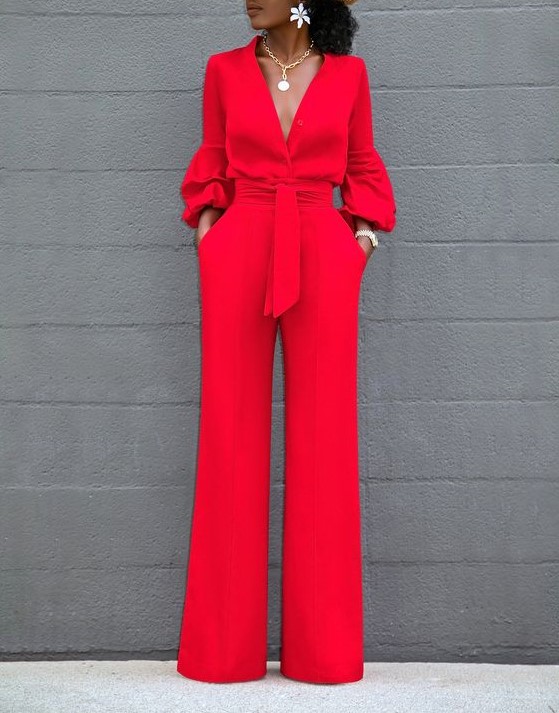 Women's Simple Deep V Belt Jumpsuit