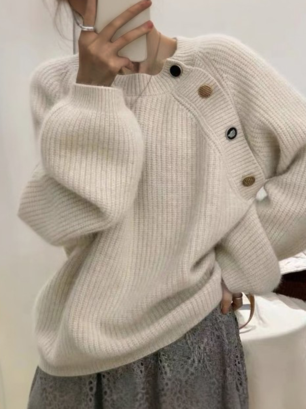 Women's Irregular Button Round Neck Loose Sweater