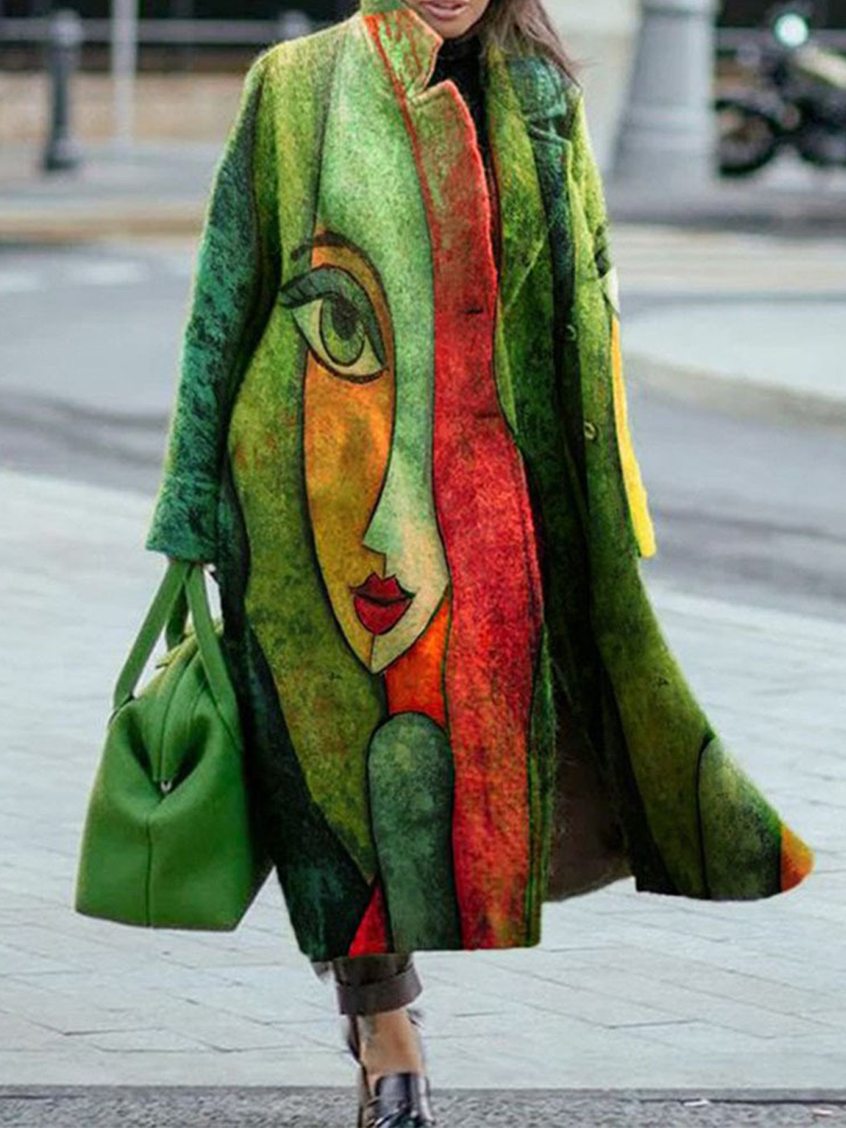 Women's Retro Abstract Print Thick Mid-Length Woolen Coat