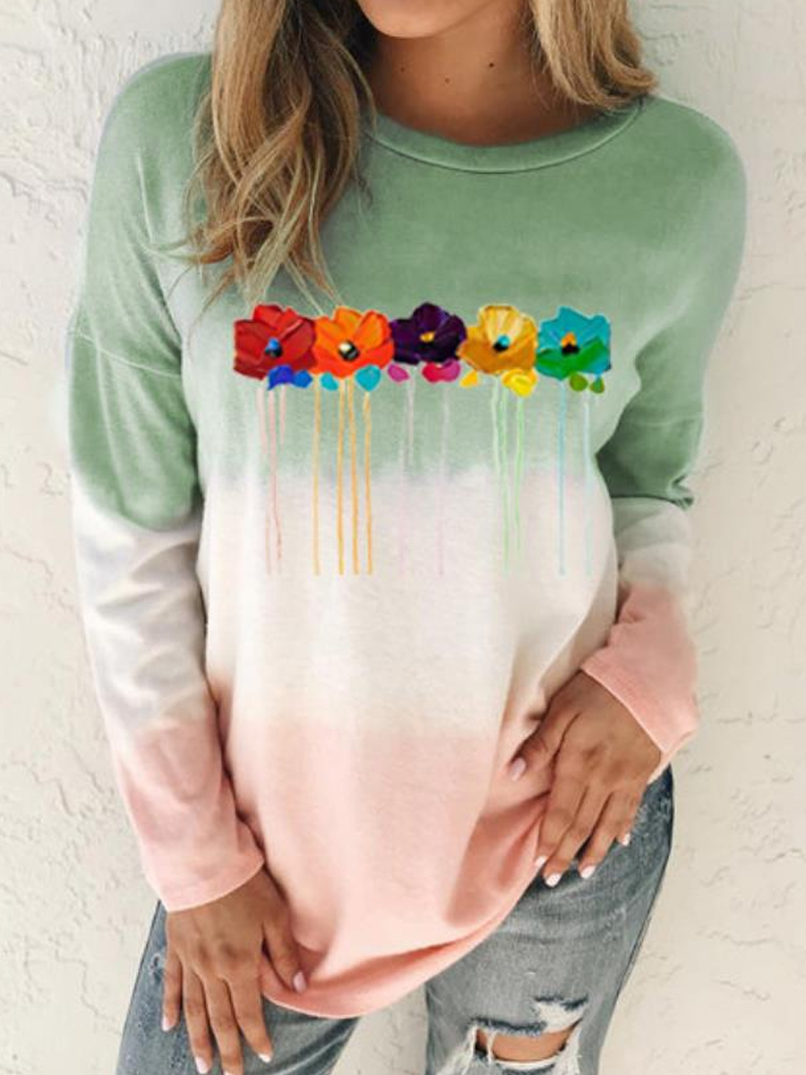 Casual Floral Print Loose Crew Neck Long Sleeve T-Shirt