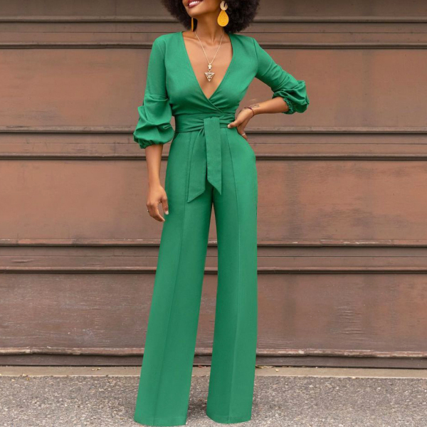 Fashion Solid Color V-neck Jumpsuit