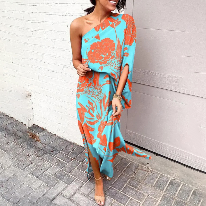 Ladies Print Drop Shoulder Short Sleeve Loose Slit Dress