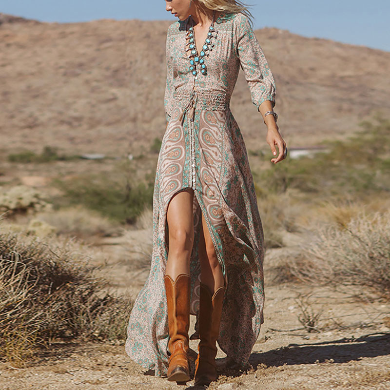 Ladies Chic Chiffon Sexy Sleeve Print Maxi Dresses