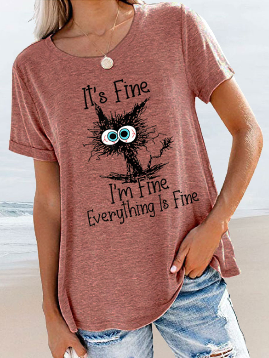 Round Neck Casual Loose Cat Letter Print Short Sleeve T-shirt