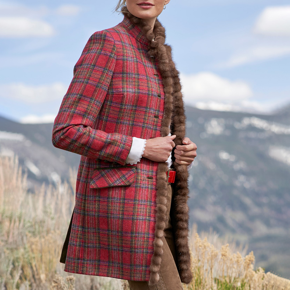 Women's Stand Collar Frayed Plaid Woolen Coat