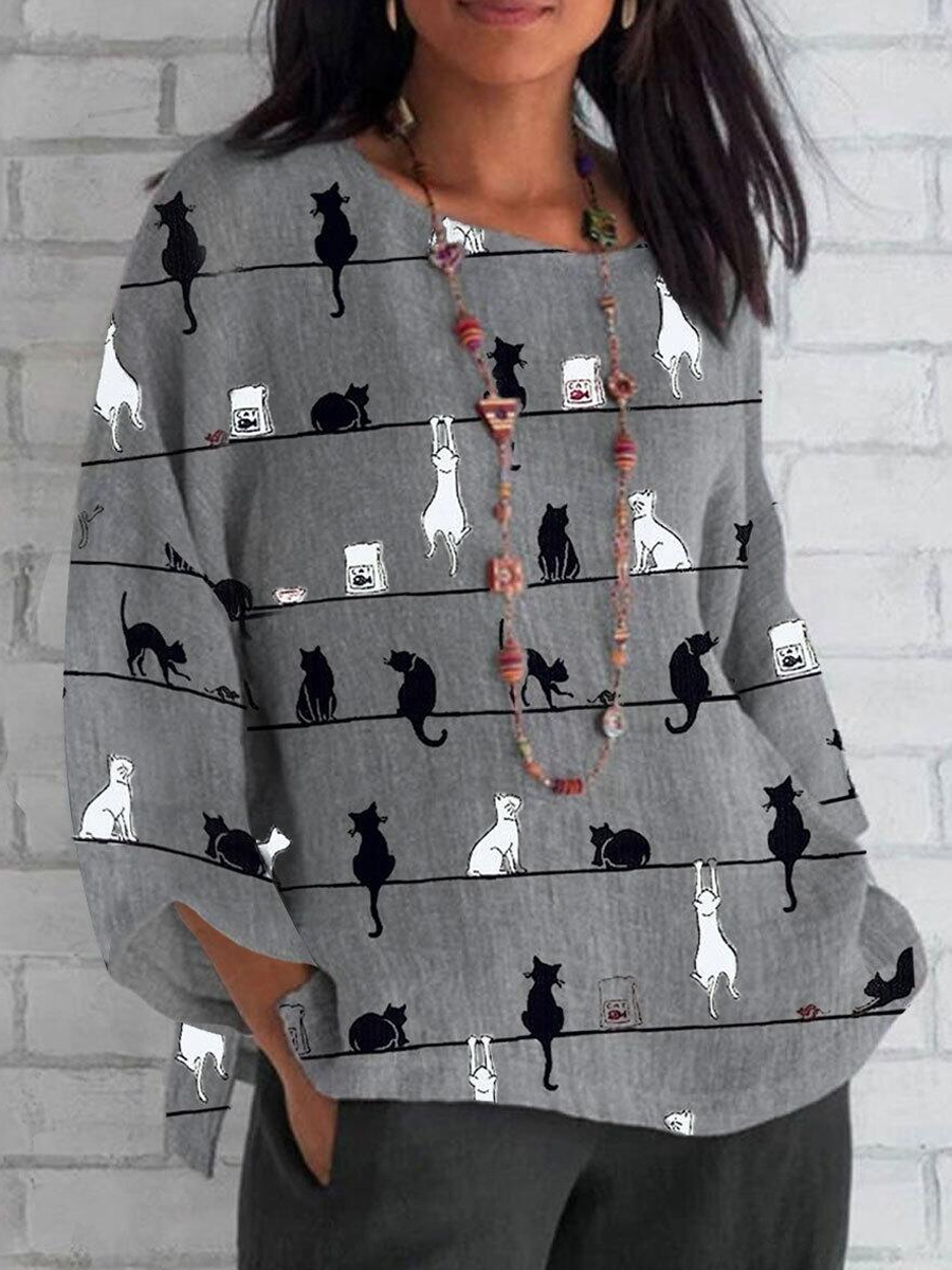 Casual Cat Print Crew Neck Long Sleeve Blouse