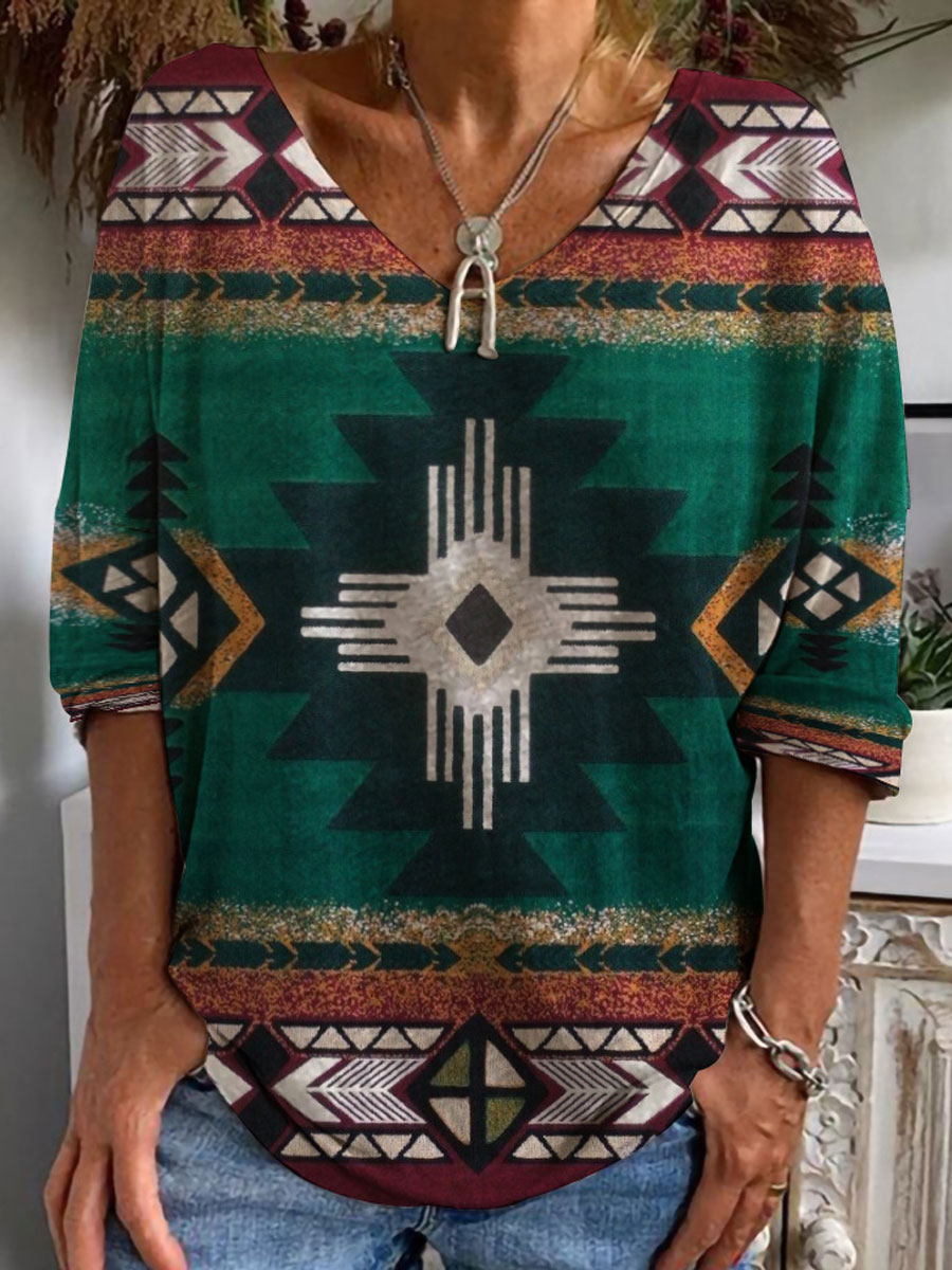 V-neck Casual Loose Striped Print Long Sleeve T-shirt