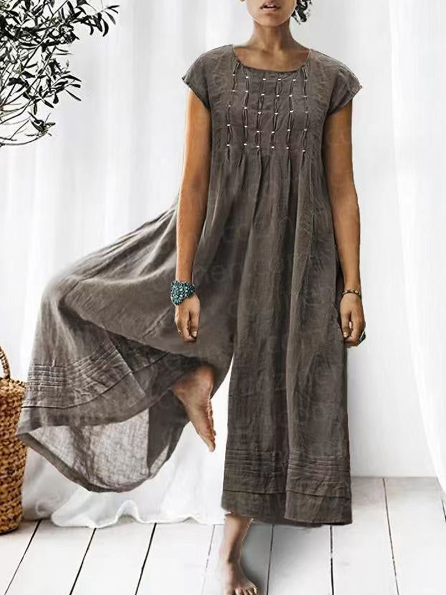 Loose Solid Round Neck Short Sleeves Jumpsuits