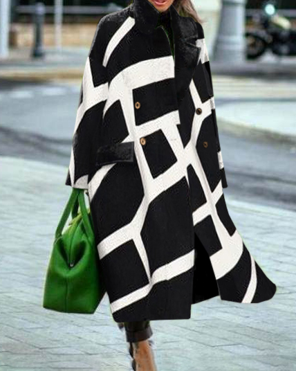 Fashion All-match Print Stitching Woolen Coat