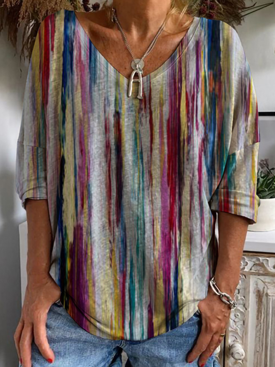 Casual V-Neck Half Sleeve Loose Print T-Shirt