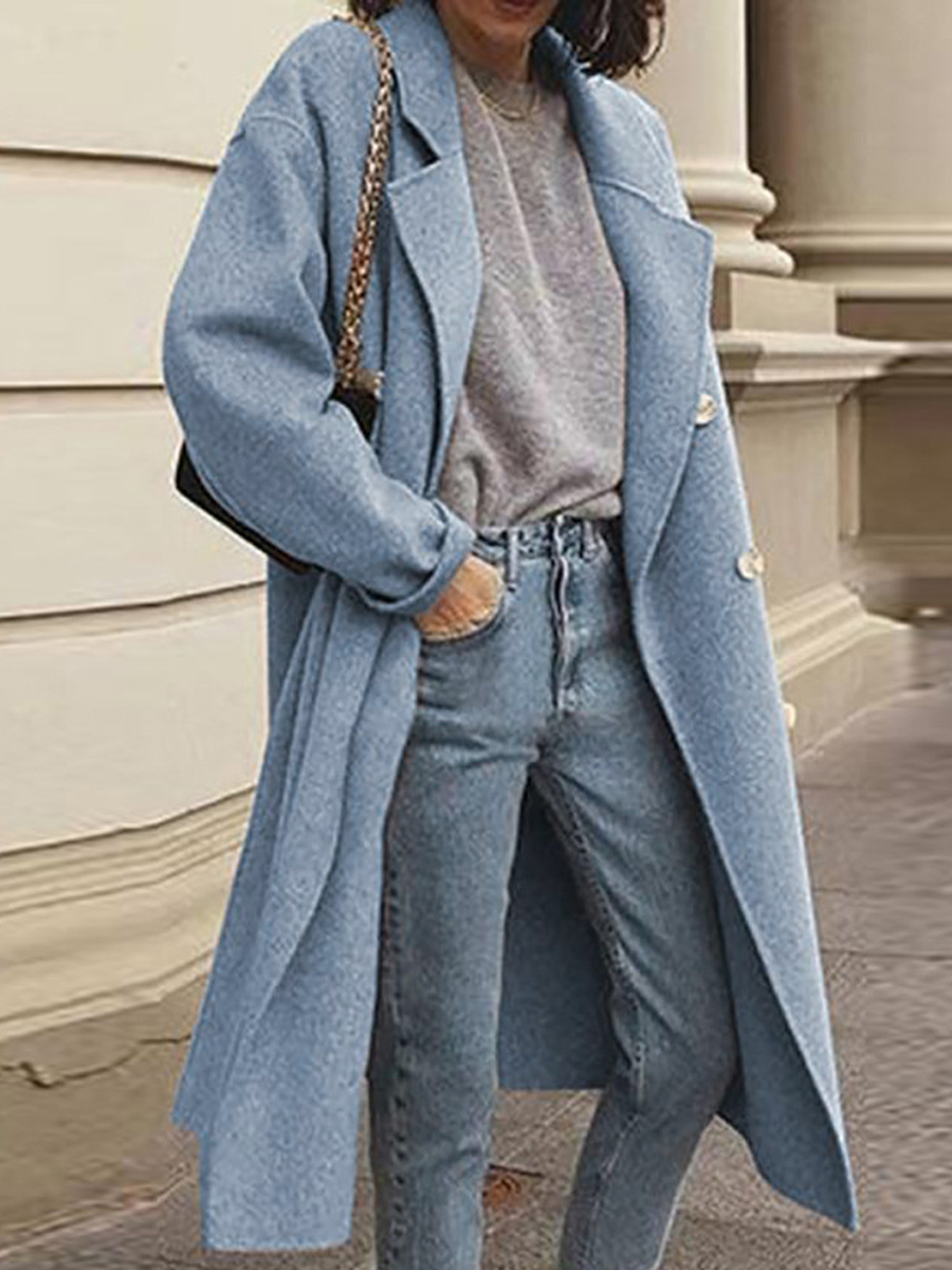 Solid Color Woolen Double-breasted Coat