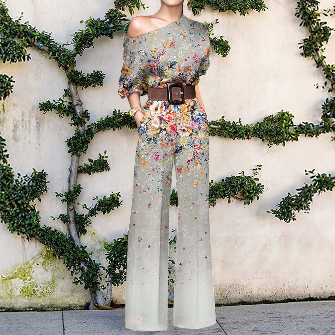 New Fashion Floral Print One Shoulder Holiday Casual Jumpsuit Women