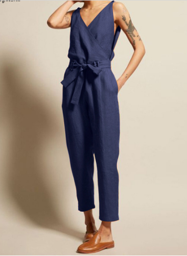 Women's Classic V Neck Belted Jumpsuit