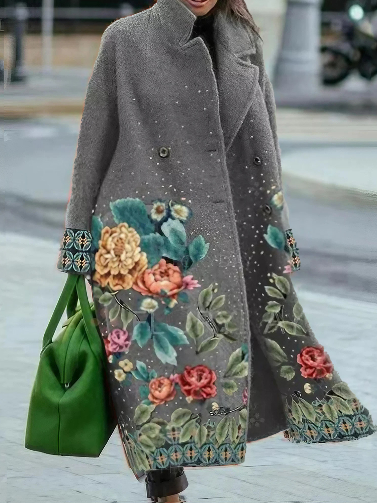 Women's Retro Floral Print Thick Mid-length Woolen Coat