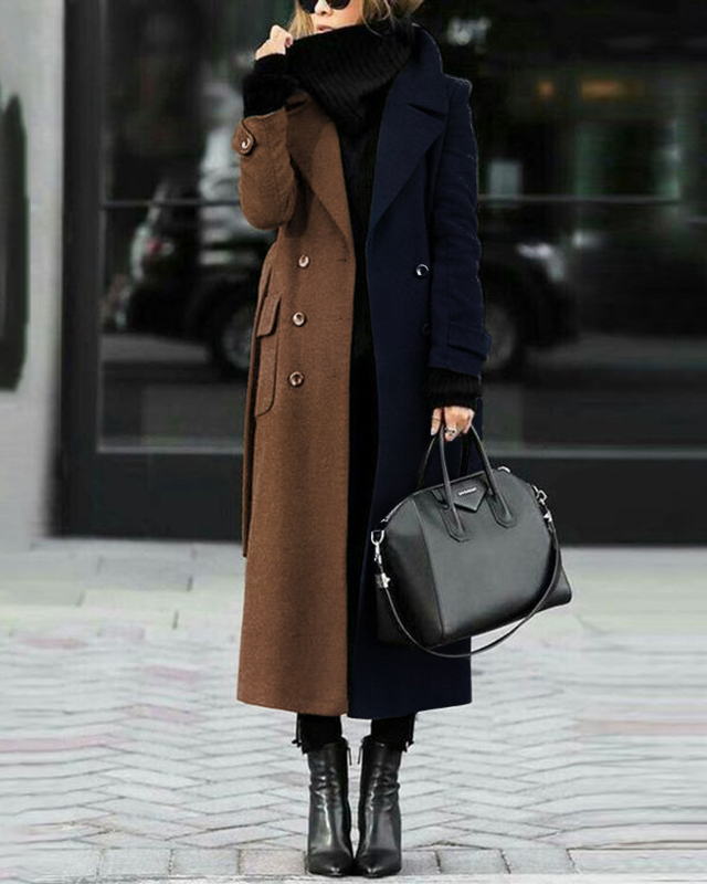 Fashion All-match Color Block Woolen Coat
