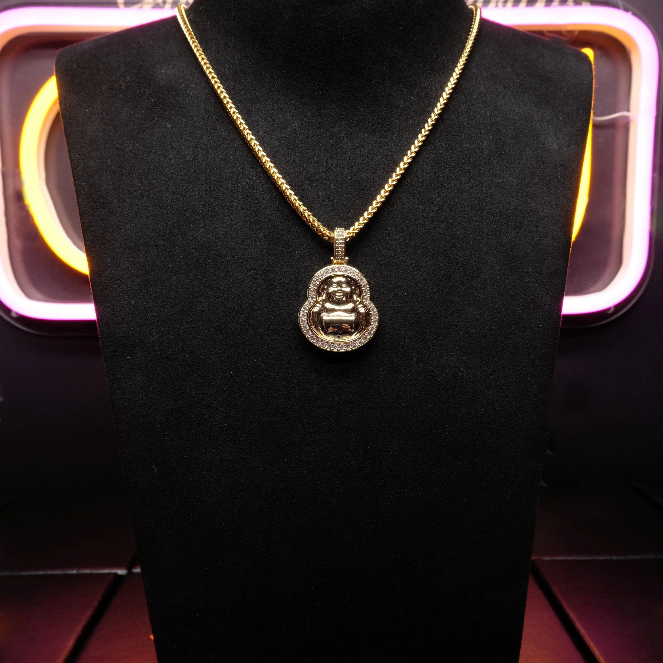 Iced Gold-Plated & Silver CZ Maitreya Buddha Pendant & Cuban Link Chain