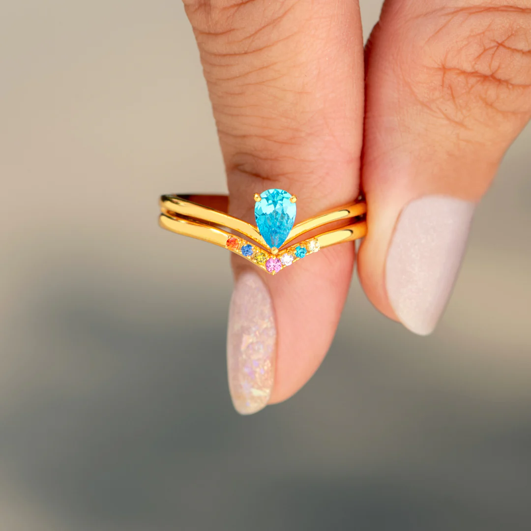 Mom And Kids 1-9 Birthstones Pear Cut Chevron Ring