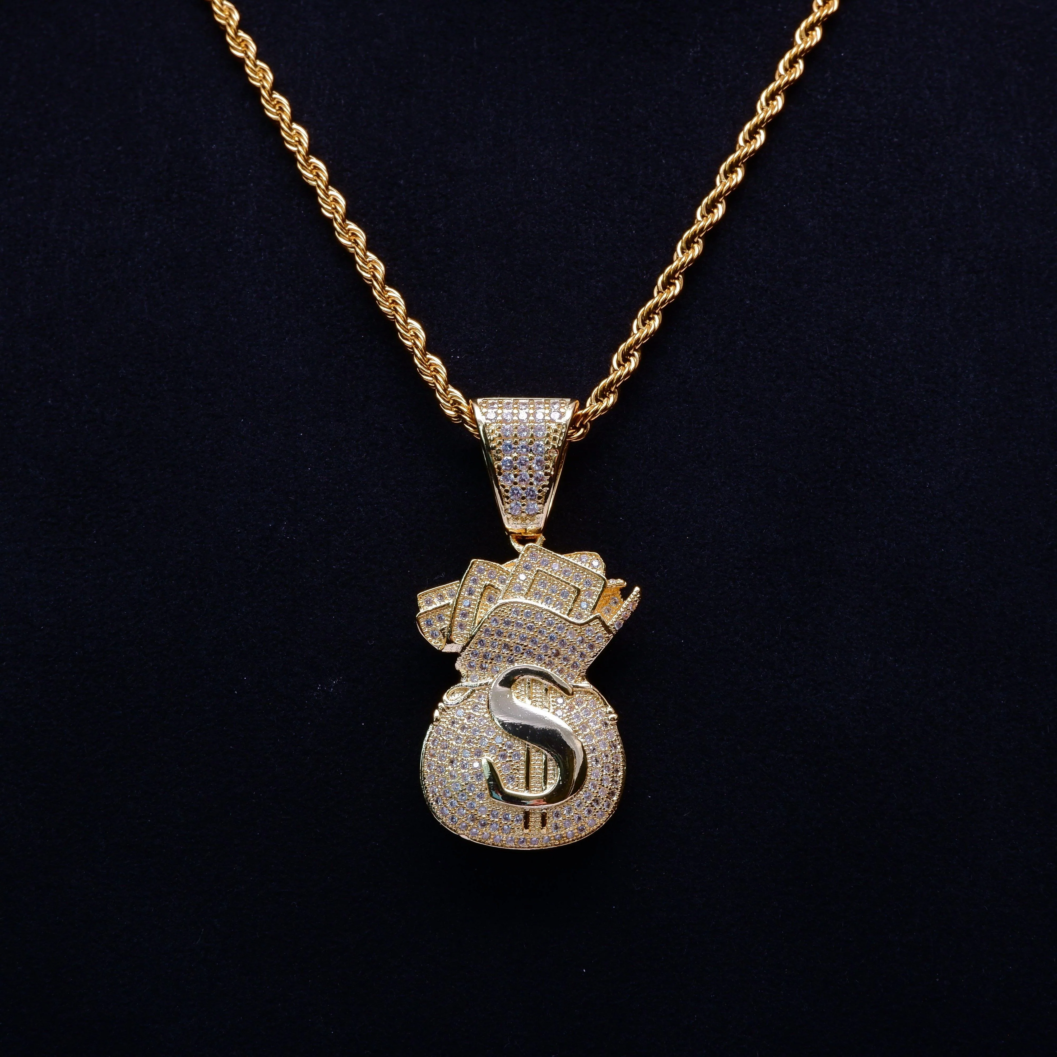 2020 18K Gold-Plated Dollar Money Bag BlingBling Pendant
