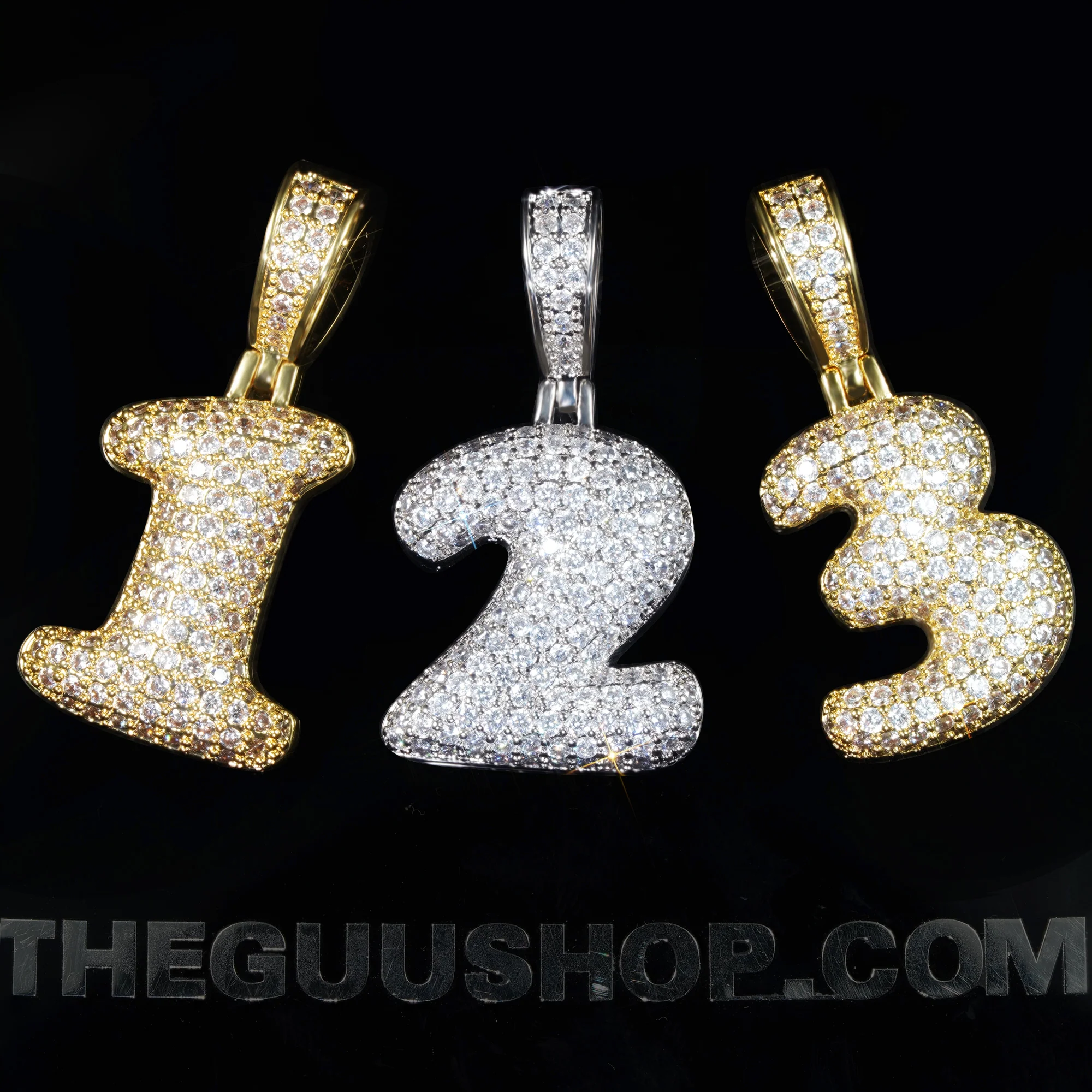 3mm Iced Yellow Gold-Plated 0-9 Number Cuban Link Pendant