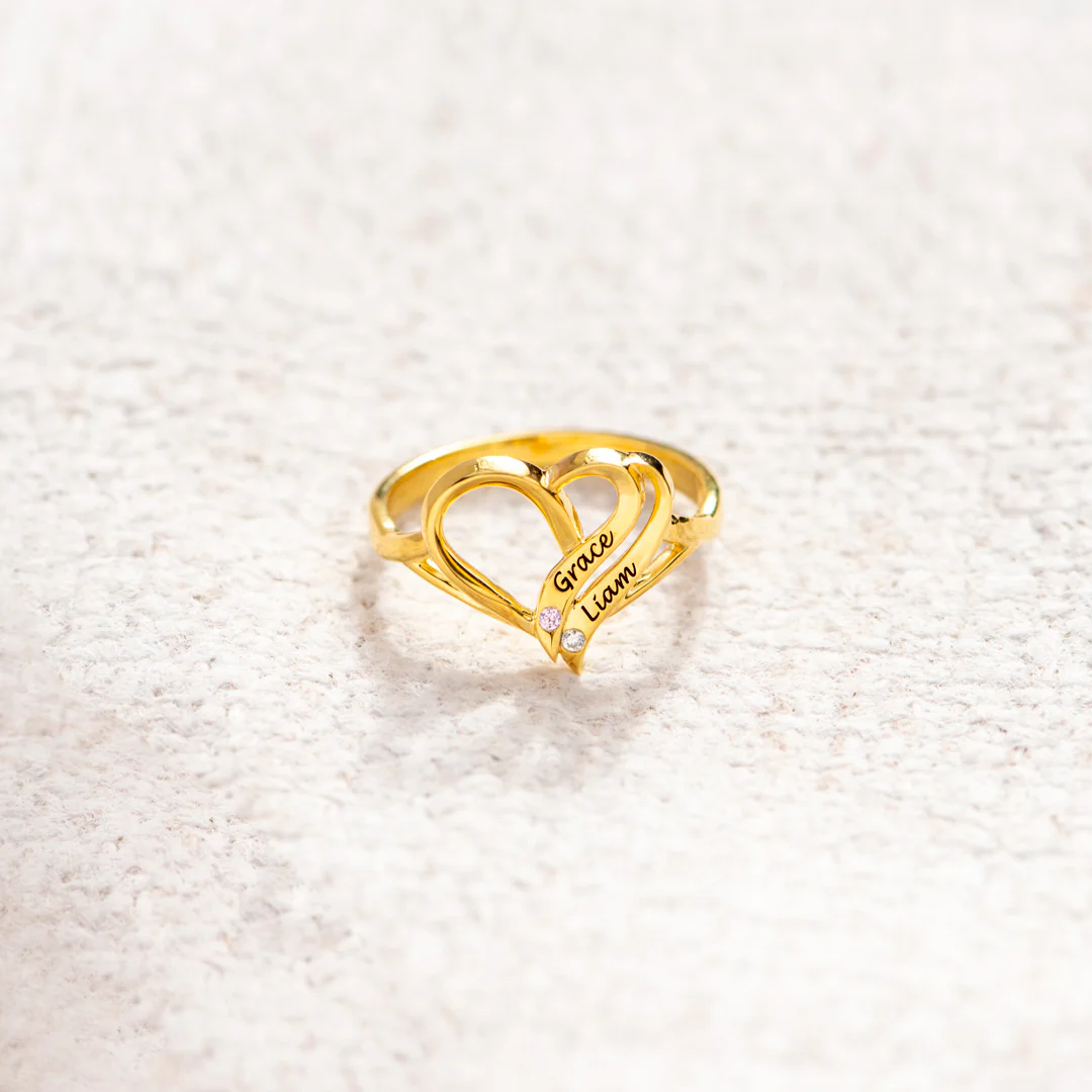 Two Hearts Forever One Name&Birthstone Heart Ring