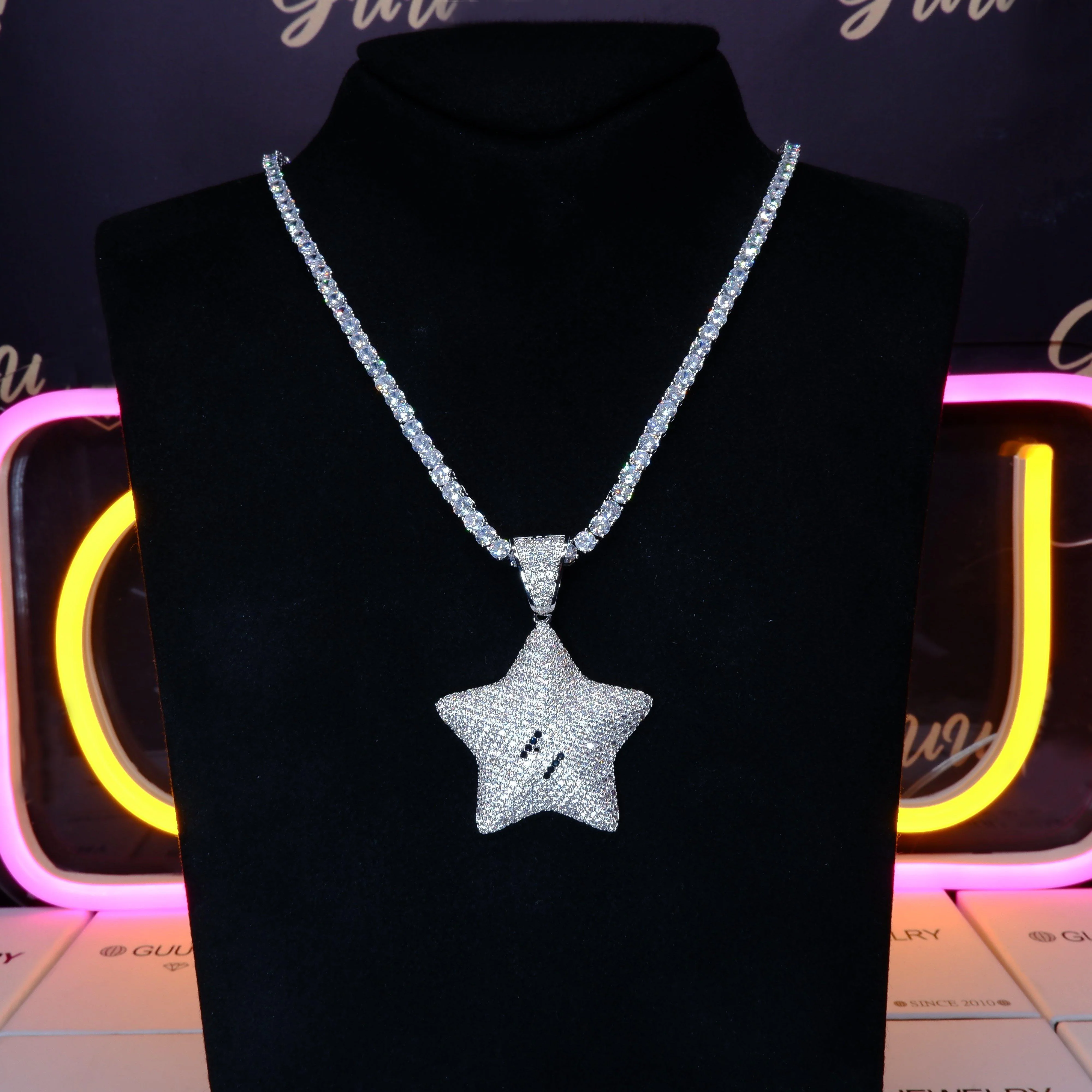 18K Gold-Plated CZ Pentagram Hip Hop Pendant Necklace