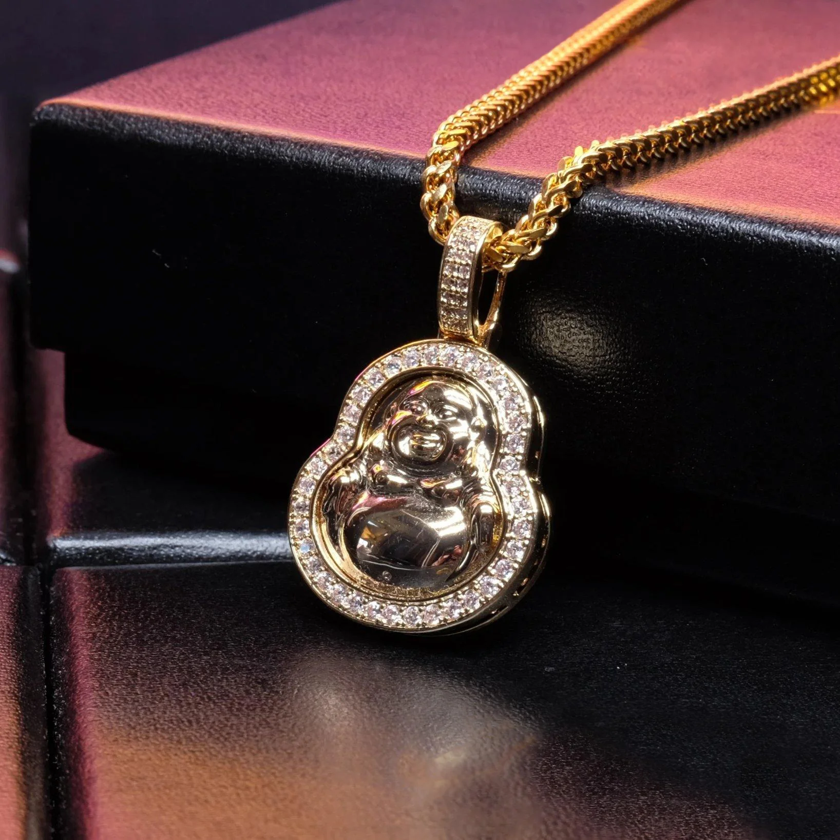 Iced Gold-Plated & Silver CZ Maitreya Buddha Pendant & Cuban Link Chain