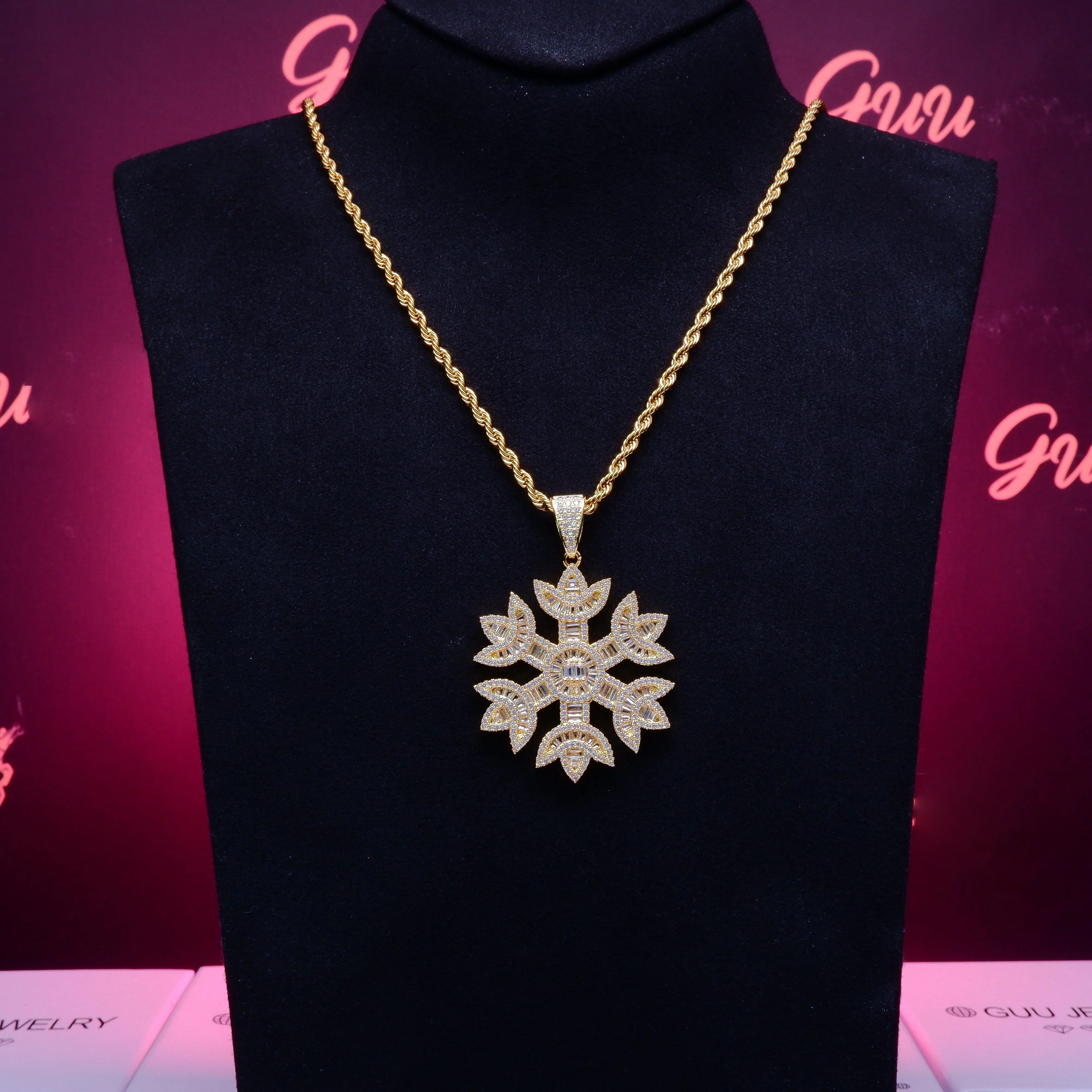 2020 18K Gold-Plated Baguette Iced Snowflake Pendant
