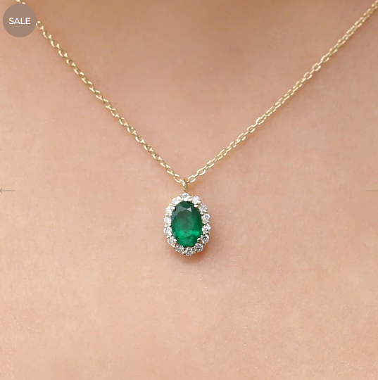 14K Gold Oval Cut Emerald Halo Diamond Necklace
