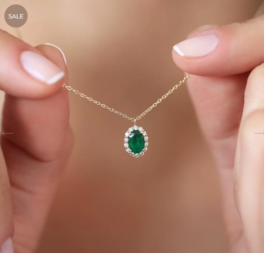 14K Gold Oval Cut Emerald Halo Diamond Necklace