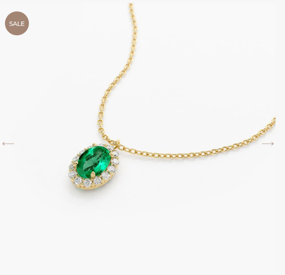 14K Gold Oval Cut Emerald Halo Diamond Necklace