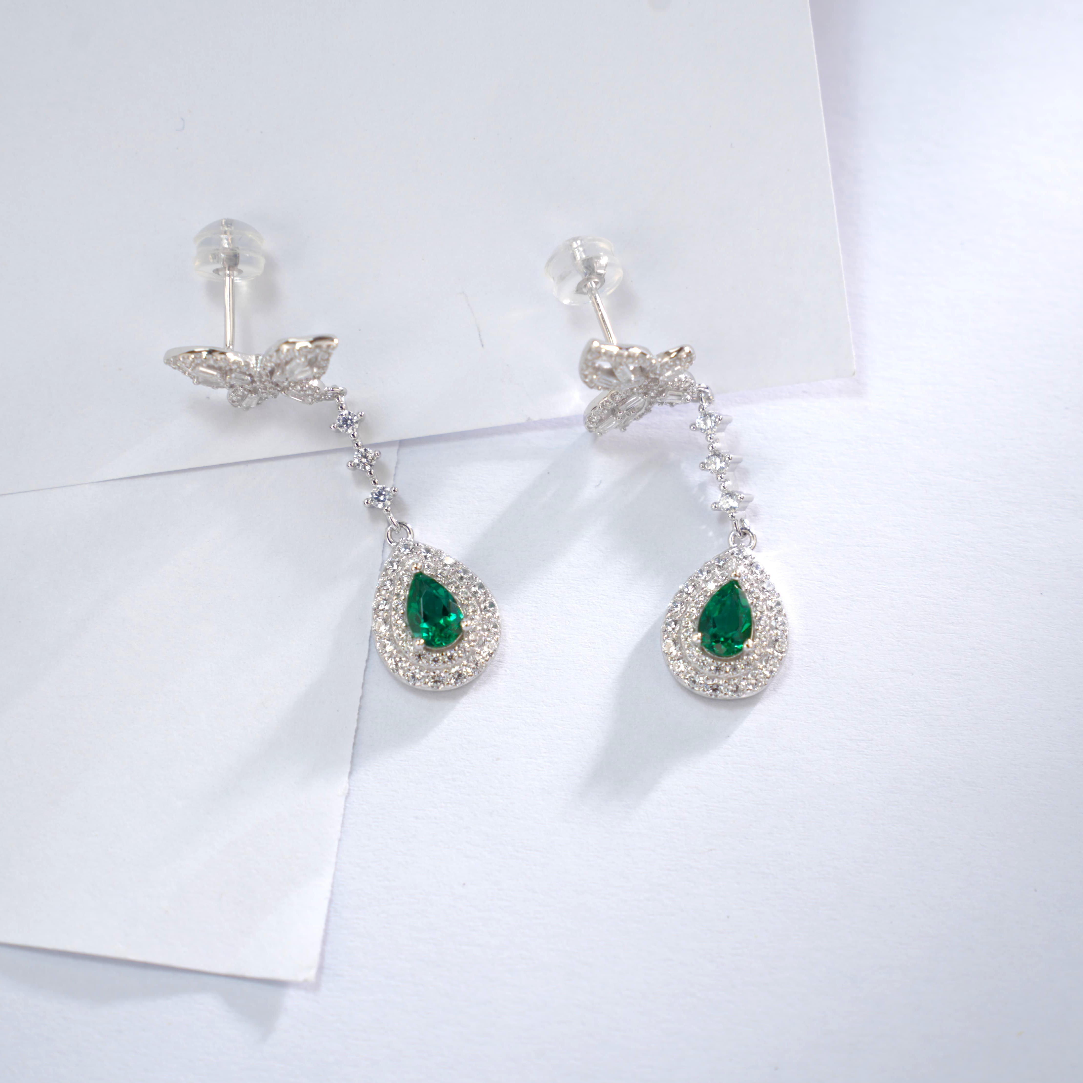 Lab Created Emerald 2.4CT Pear Cut 14K White Gold Butterfly Earring EE-25004