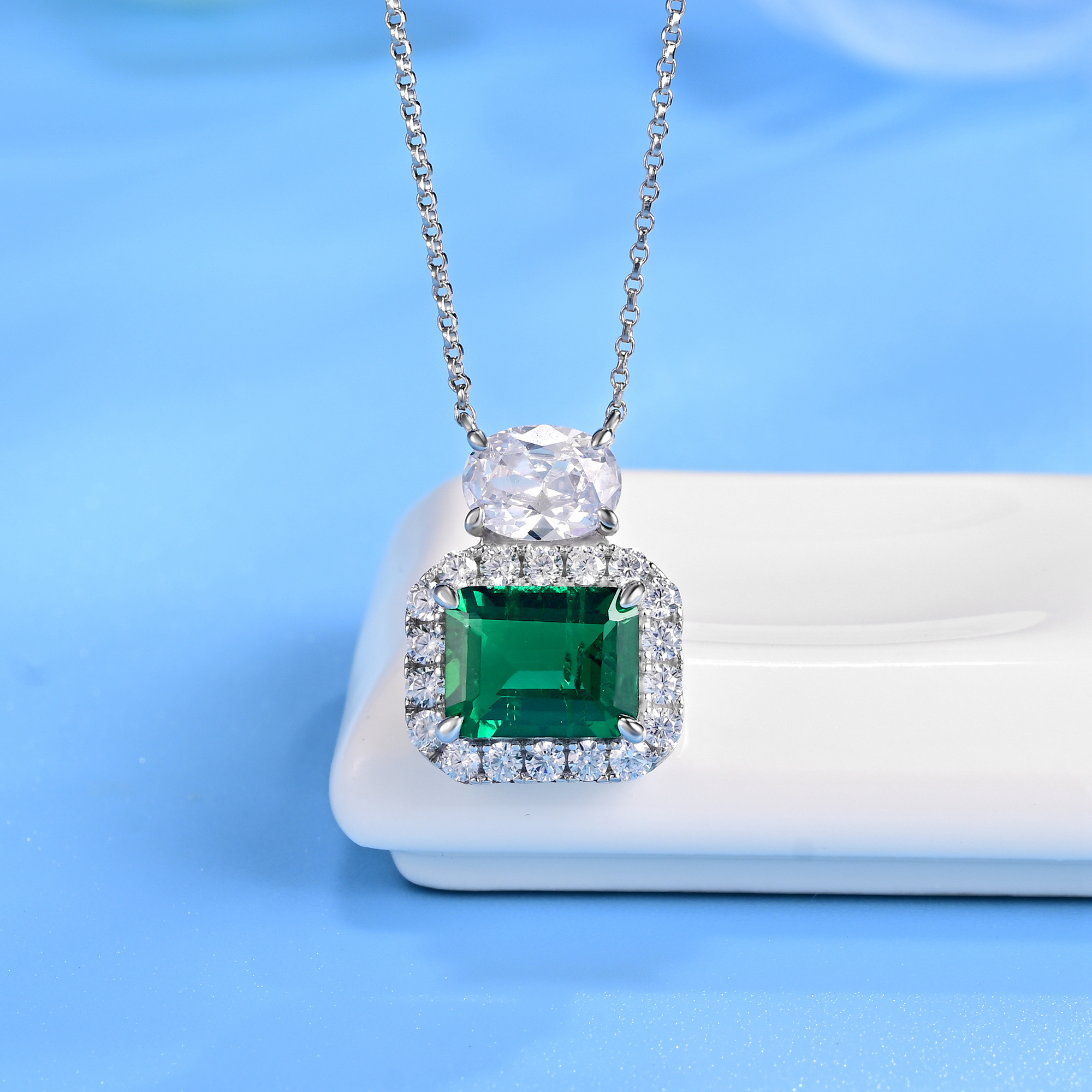 Lab Created Emerald 2CT Step Cut 14K White Gold Pendant PE-25009