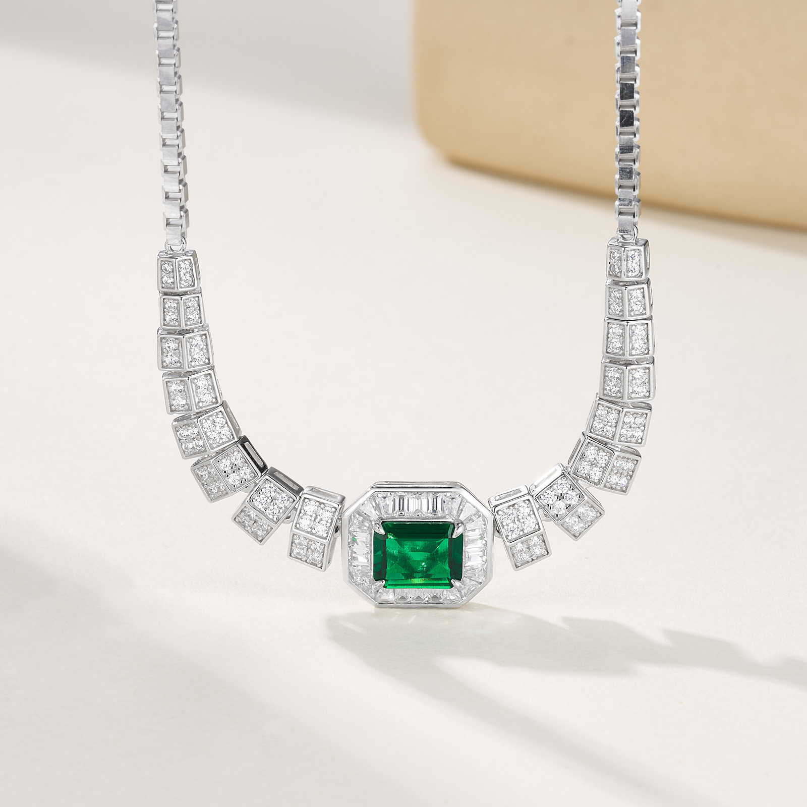 Lab Created Emerald 1.5CT Rectangular Brilliant Cut 14K White Gold Pendant PE-25007