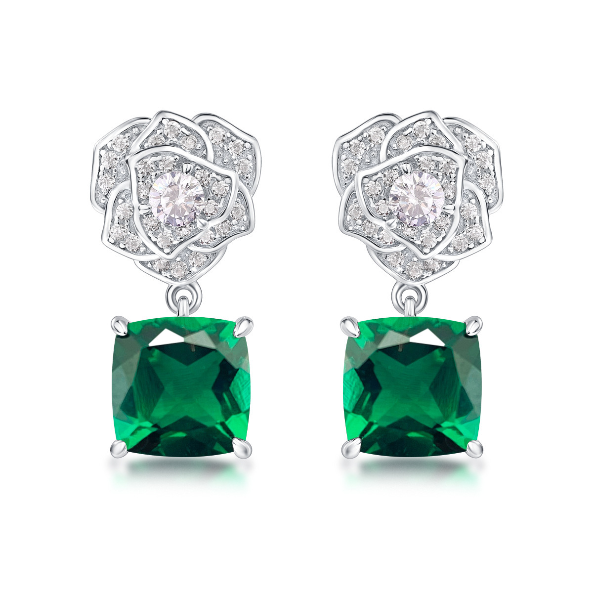 Lab Created Emerald 4CT Princess Cut 14K White Gold Rose Earring EE-25006
