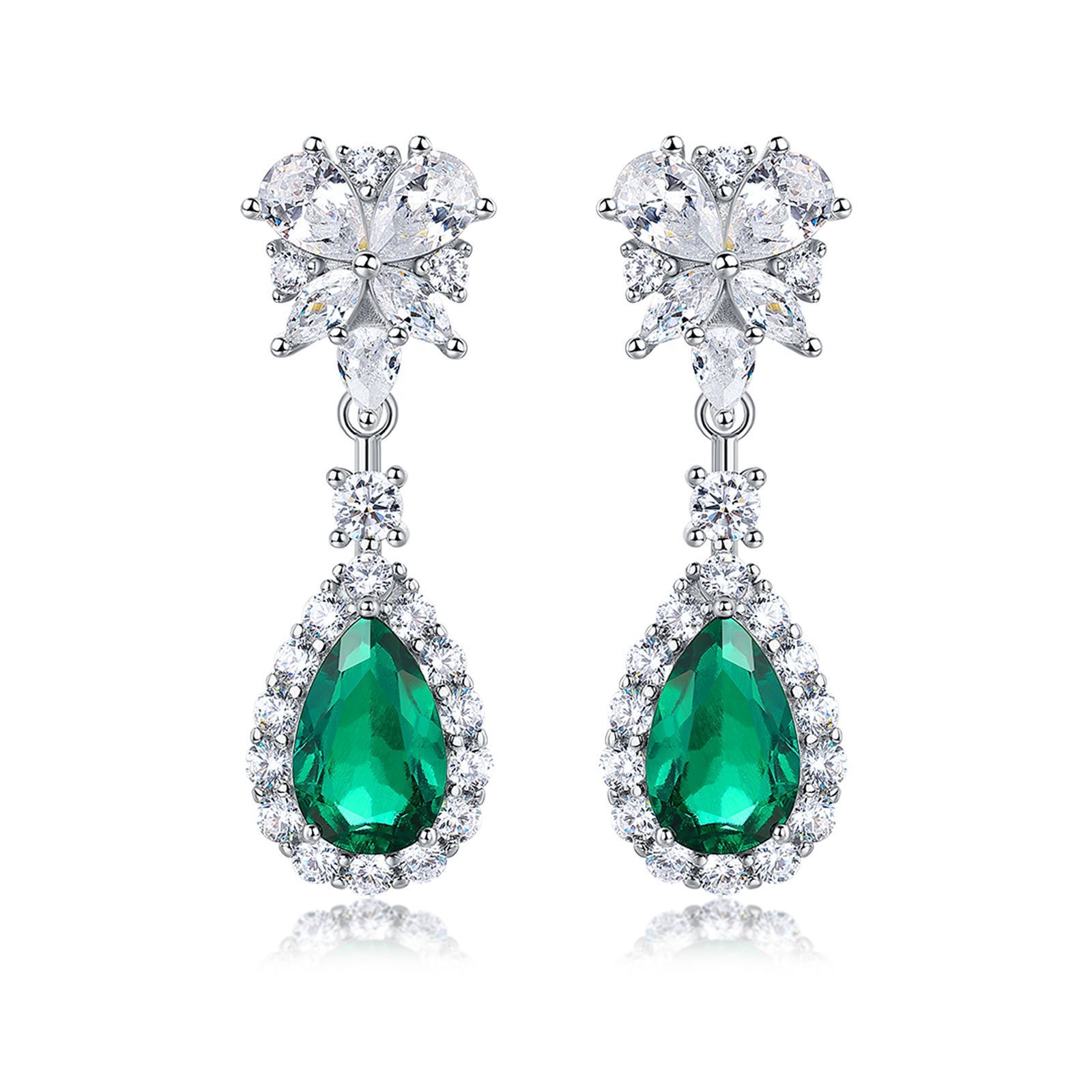 Lab Created Emerald 5CT Pear Cut 14K White Gold Flower Earring EE-25005