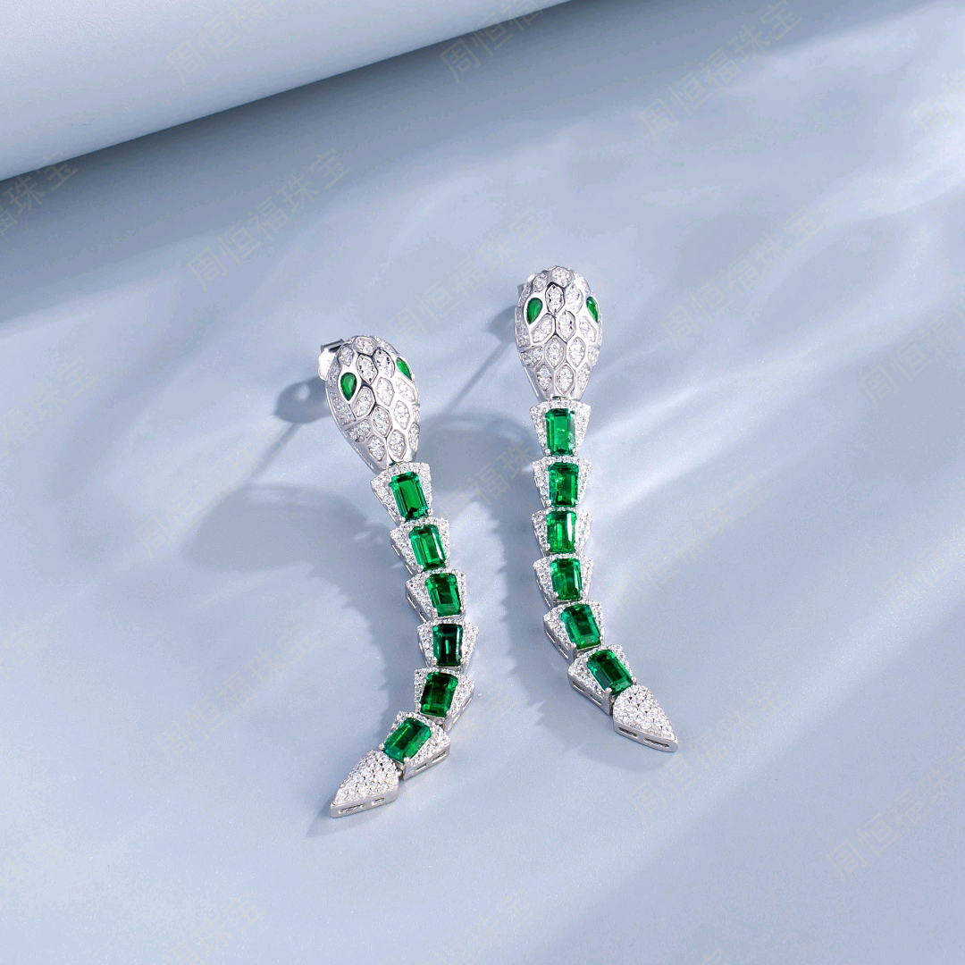 Lab Created Emerald 3.6CT Step Cut 14K White Gold Snake Earring EE-25002